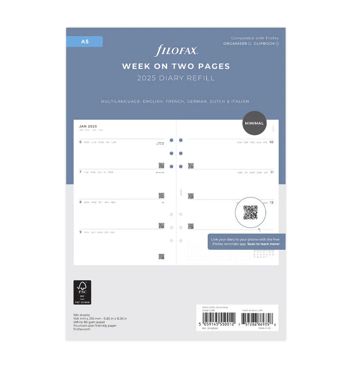 Filofax - Minimal Week on Two Pages 2025 Multilanguage - A5 Organiser Refill-Agenda-DutchMills