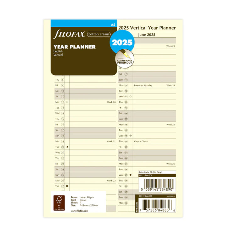 Filofax - Vertical Year Planner 2025 - Cotton Cream - English - A5 Organiser Refill-Agenda-DutchMills