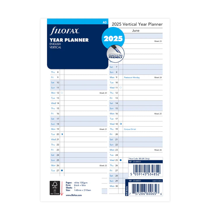 Filofax - Vertical year Planner 2025 - English - A5 Organiser Refill-Agenda-DutchMills