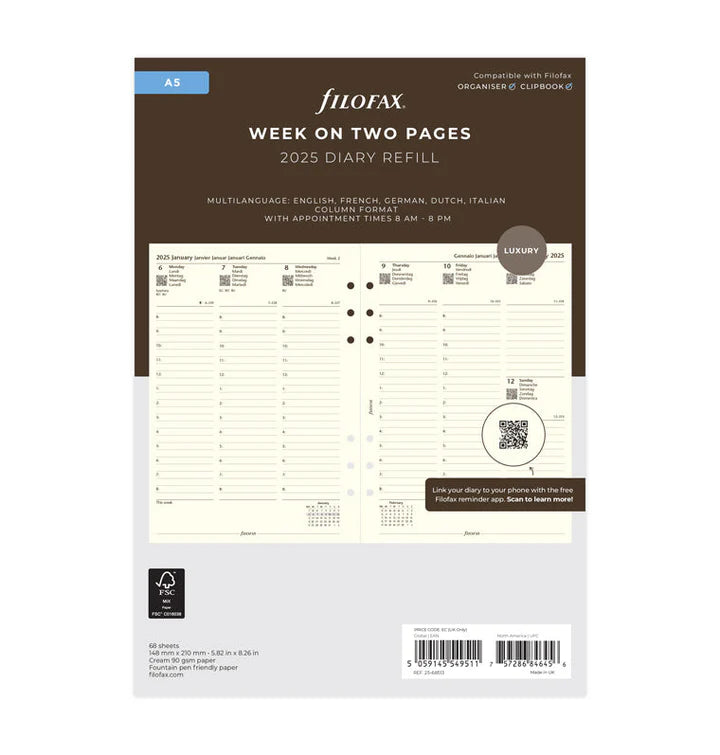 Filofax - Week On Two Pages Diary 2025 With Appointments - Cotton Cream - Multilanguage - A5 Organiser Refill-Agenda-DutchMills