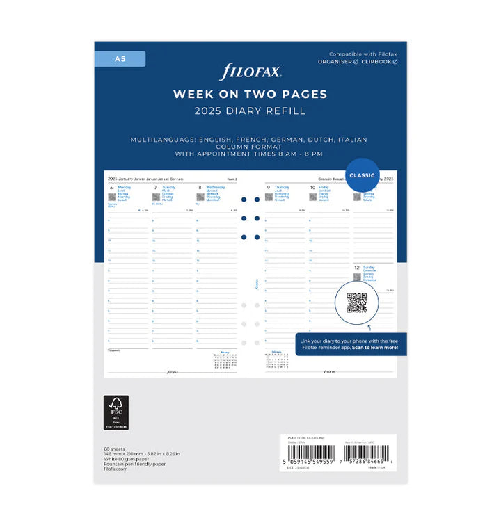 Filofax - Week On Two Pages Diary 2025 With Appointments - Multilanguage - A5 Organiser Refill-Agenda-DutchMills